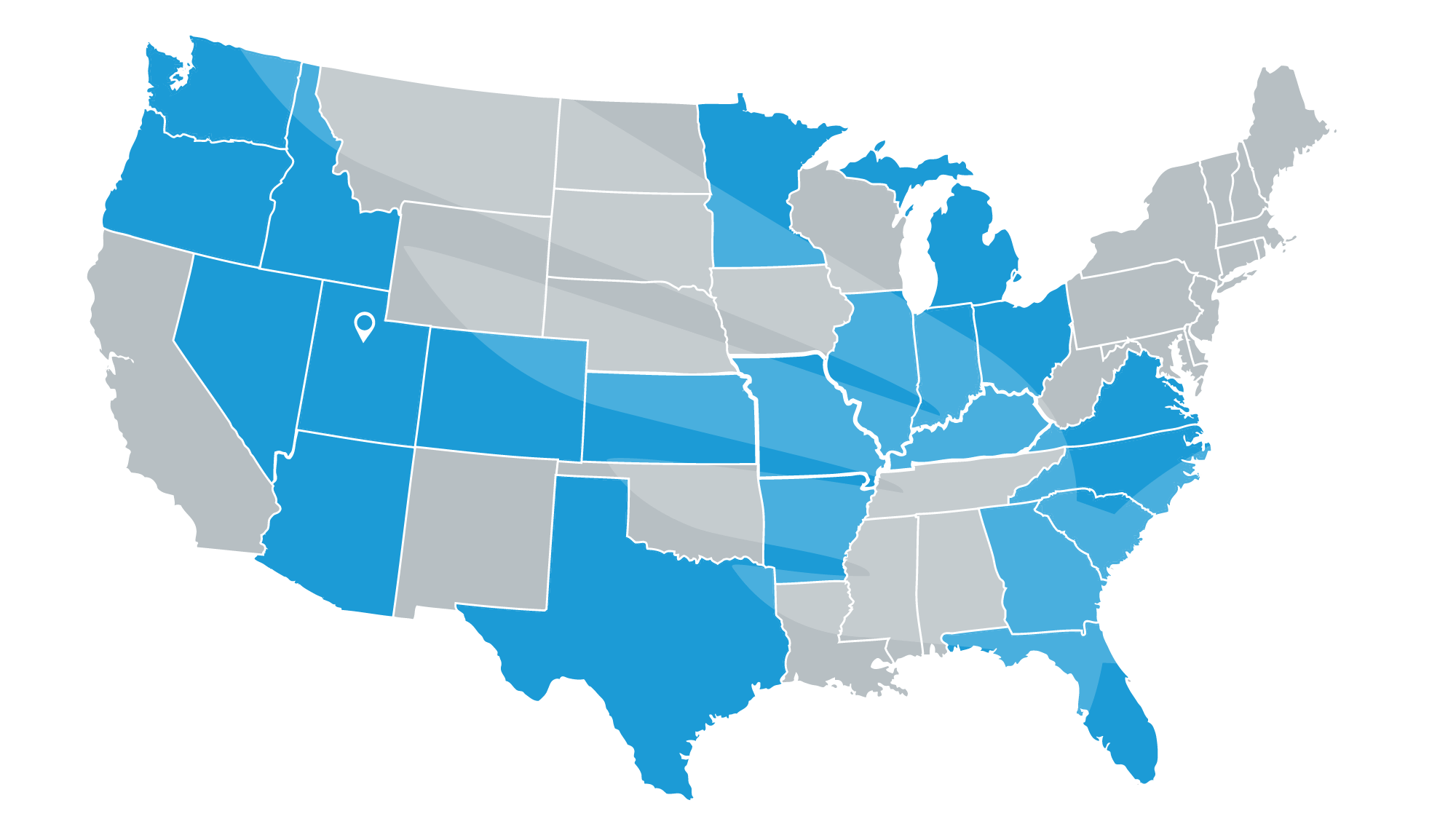 Map of the USA, indicating Blue Raven Solar service locations in blue