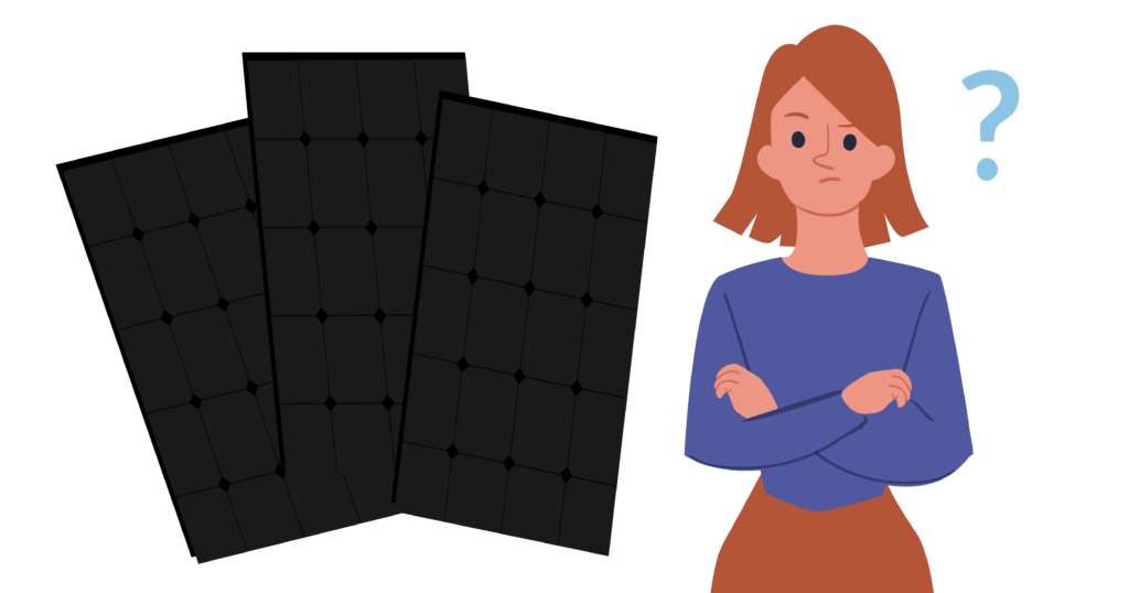 Three solar panels, stacked, and a female illustrated character with red-toned hair and a puzzled look and a question mark next to her head