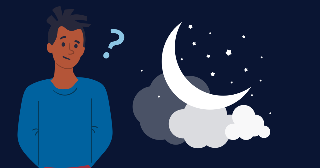 Male illustrated character with a question mark near his head and a moon, clouds, and star graphics on a dark background