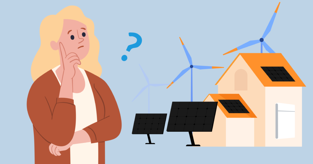 Female illustrated character with blonde hair and question mark floating near her head and grounded solar panels, windmills, and other energy sources