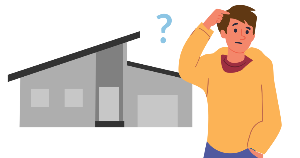 Modern house design illustration and a male character in yellow hoodie, scratching his head and floating question mark near his head