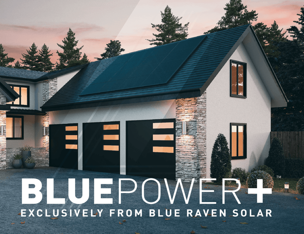BluePower Plus+ logo overlaid on 3-car garage house rendering