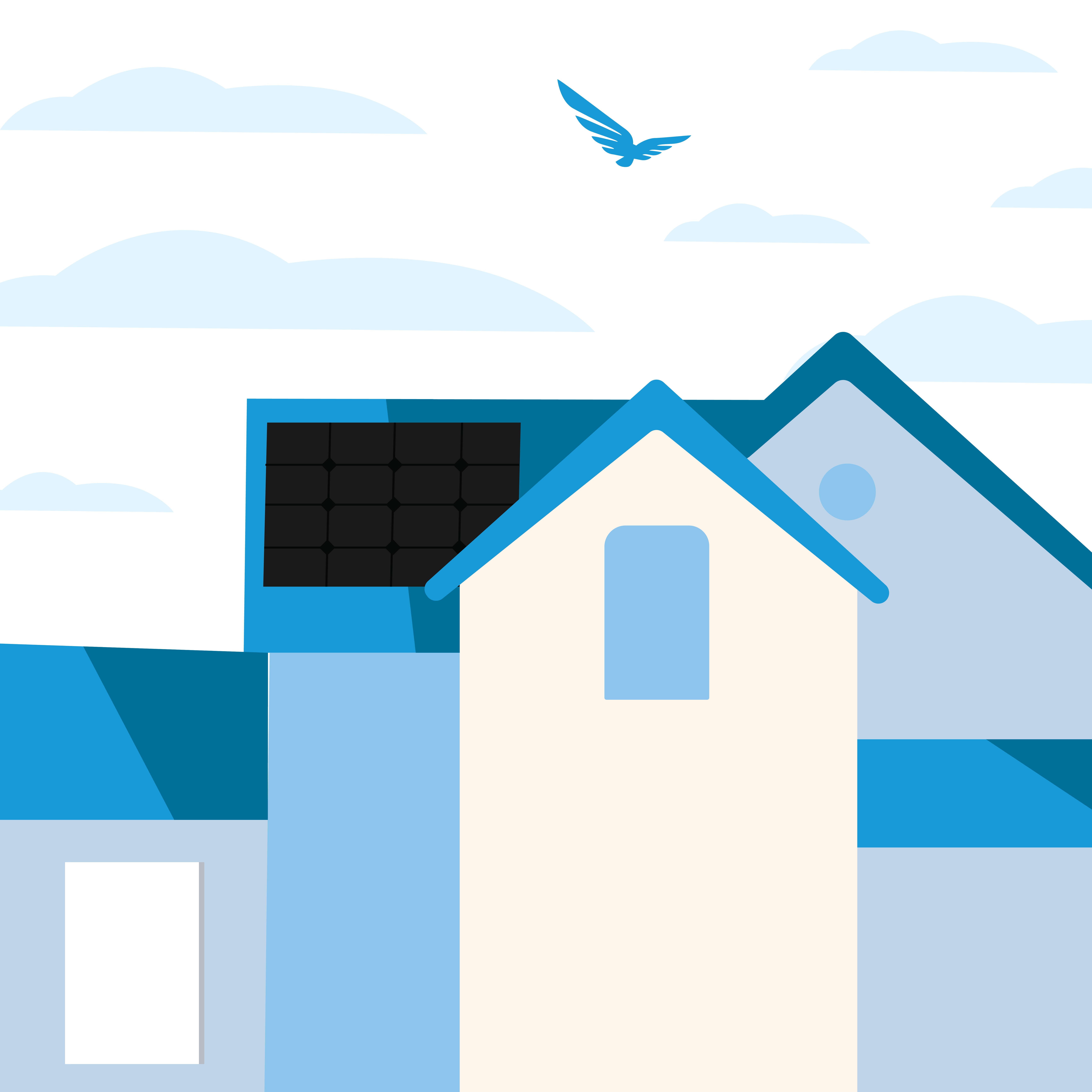 Blue and white house illustration with solar panel on roof and Blue Raven Solar icon in the sky