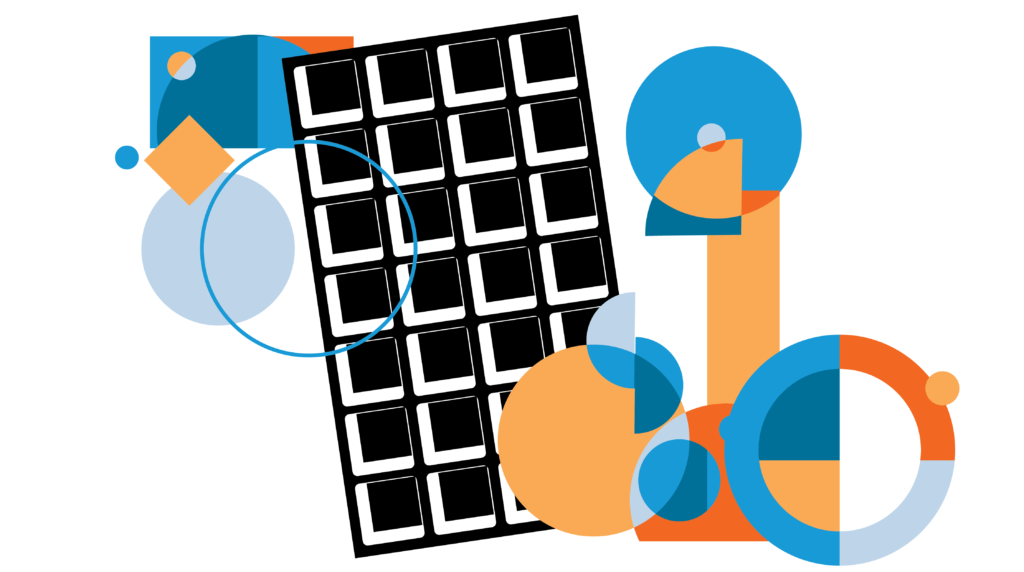 Different colored circles, rectangles, and other shapes overlaid on a solar panel icon graphic