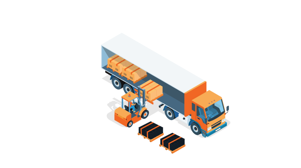 Illustration of a semi truck and a loader placing solar panel pallets as freight inside