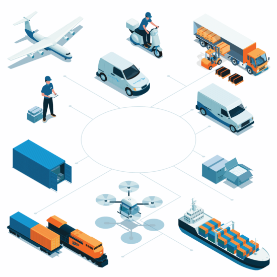 Illustration of trains, shipping containers, airplanes, vans, semi trucks, and boats representing the different parts of the solar supply chain