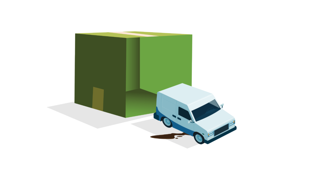 The Past, Present, and Future Hazards of Greenwashing-02 Large green box illustration with white work van in front, broken down leaking oil