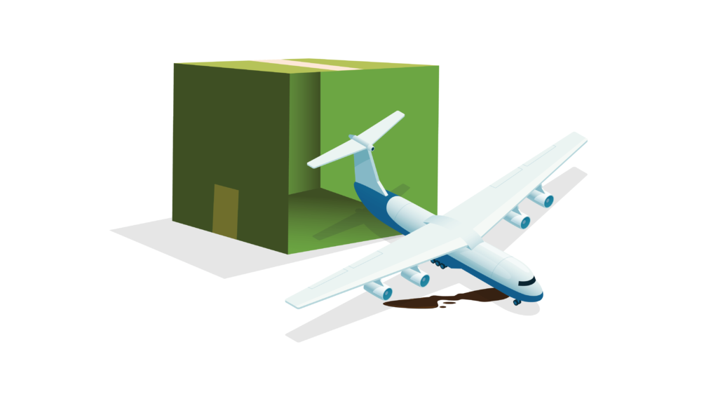 Large green box illustration with an airplane in front, broken down leaking fluids