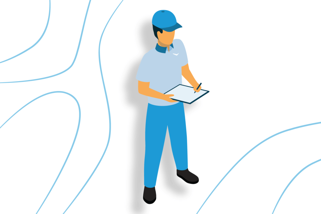 Illustration of a Blue Raven Solar representative holding a clipboard and pen with thin, blue, wavy lines surrounding