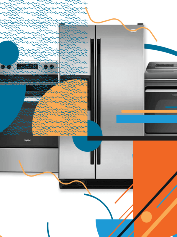 Common household appliances in a line overlaid with bright blue and orange geometric shapes and lines