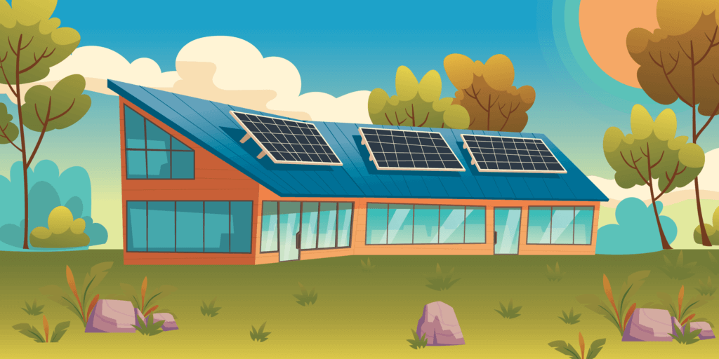 Illustration of "L-shaped" home with 3 solar panels on roof, surrounded by springtime landscape including a sun in the sky