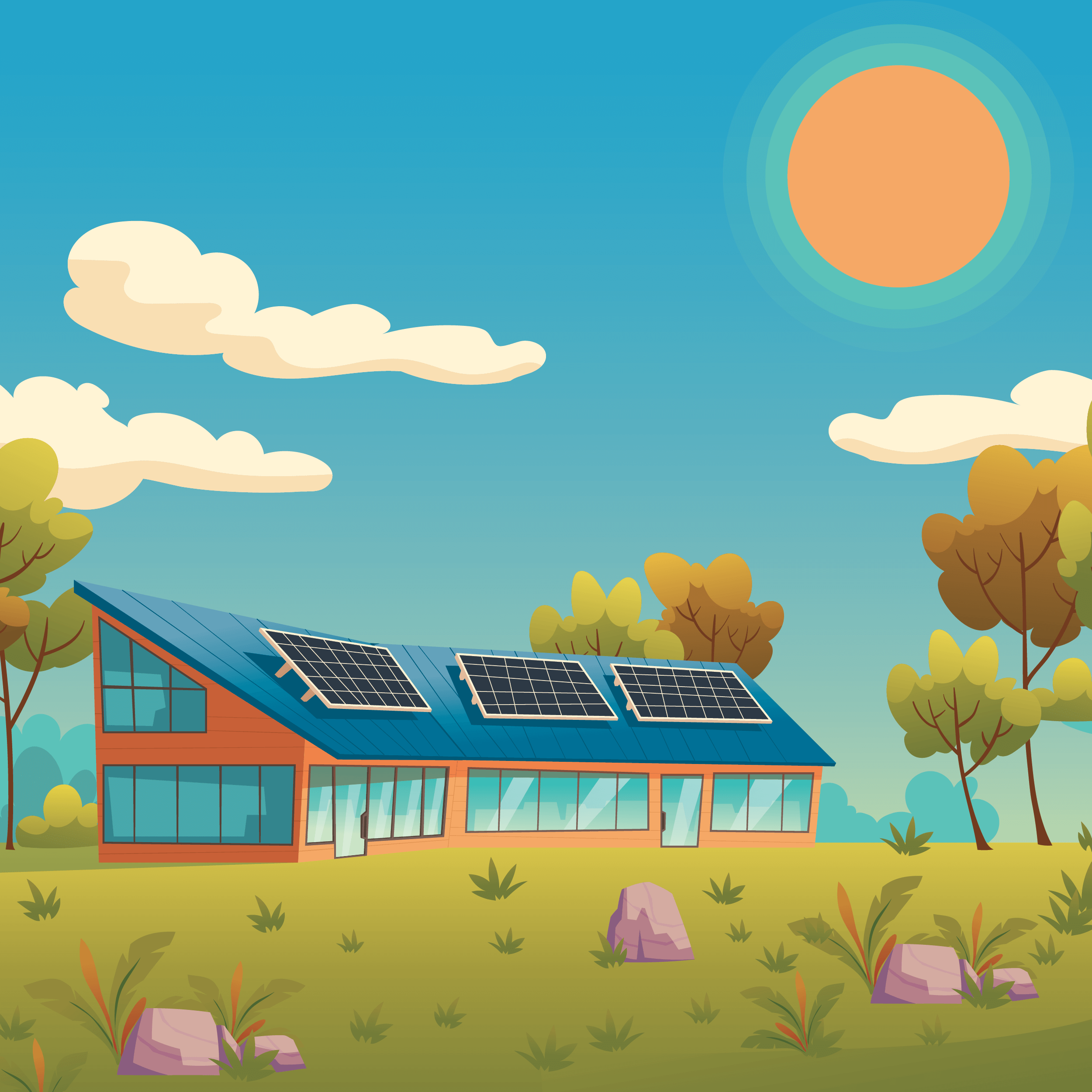 Illustration of "L-shaped" home with 3 solar panels on roof, surrounded by springtime landscape including a sun in the sky