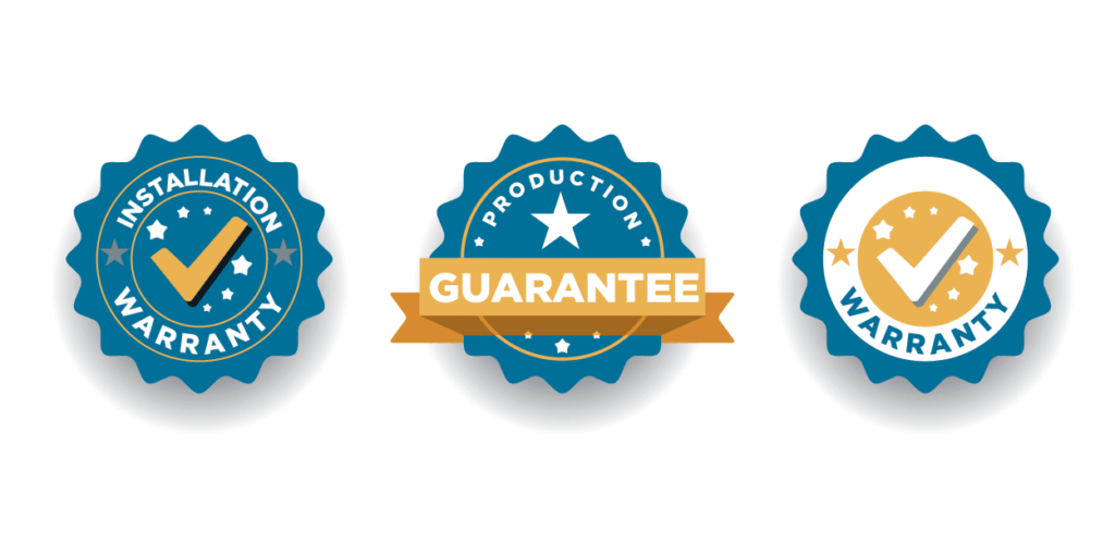Understanding-Solar-Panel-Warranties-in-2023-01 3 badges indicating installation warranty, 100% satisfaction warranty, and equipment warranty in blue and yellow
