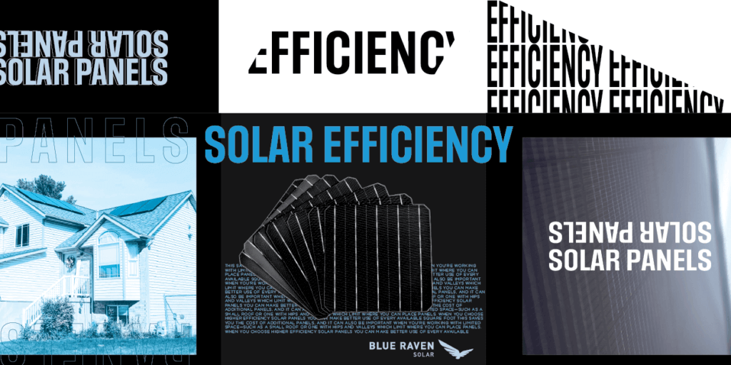 Custom graphic with solar panels, solar installation on a house, and "Efficiency" repeated