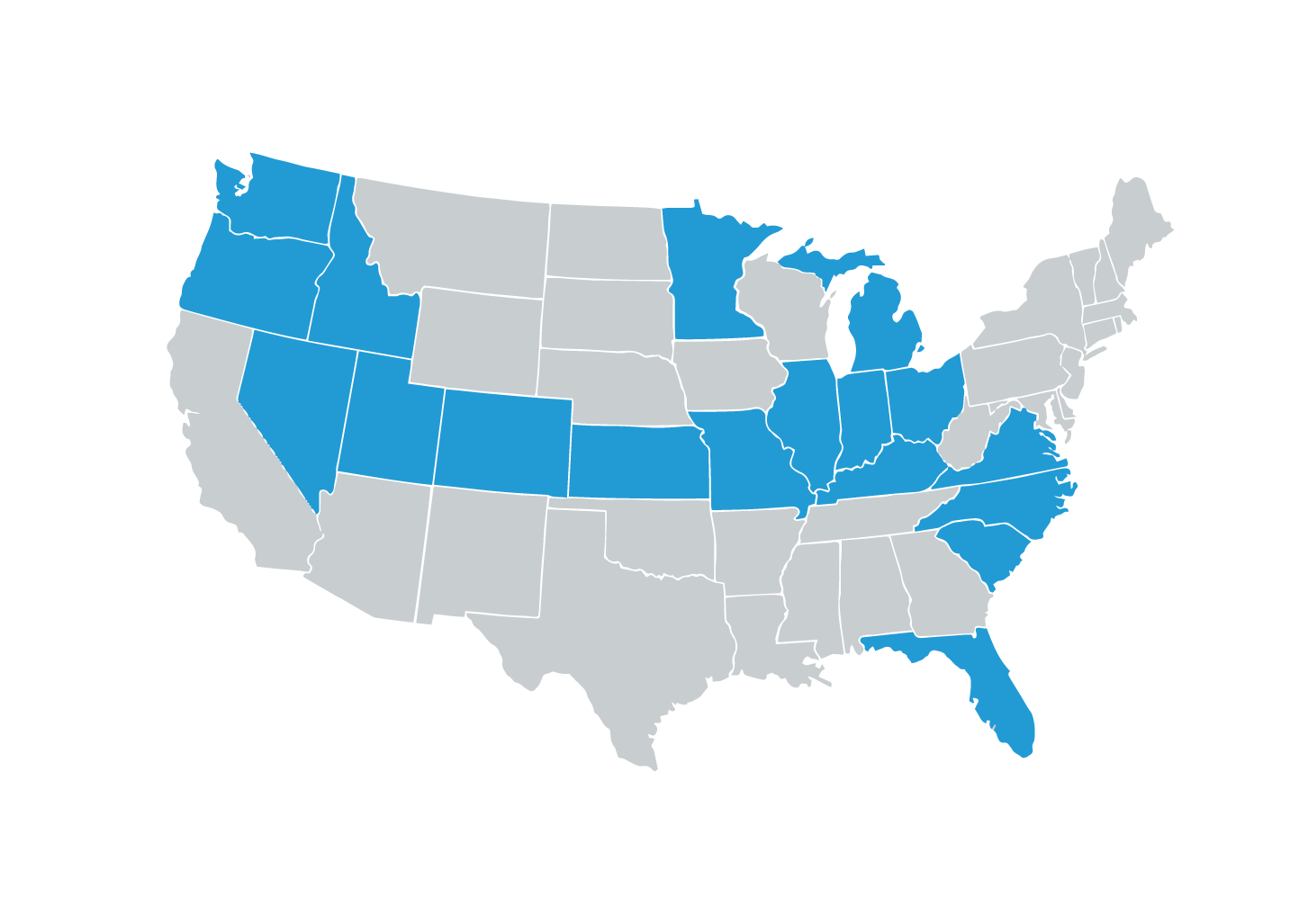 Map of the United States of America, indicating Blue Raven Solar service locations in blue