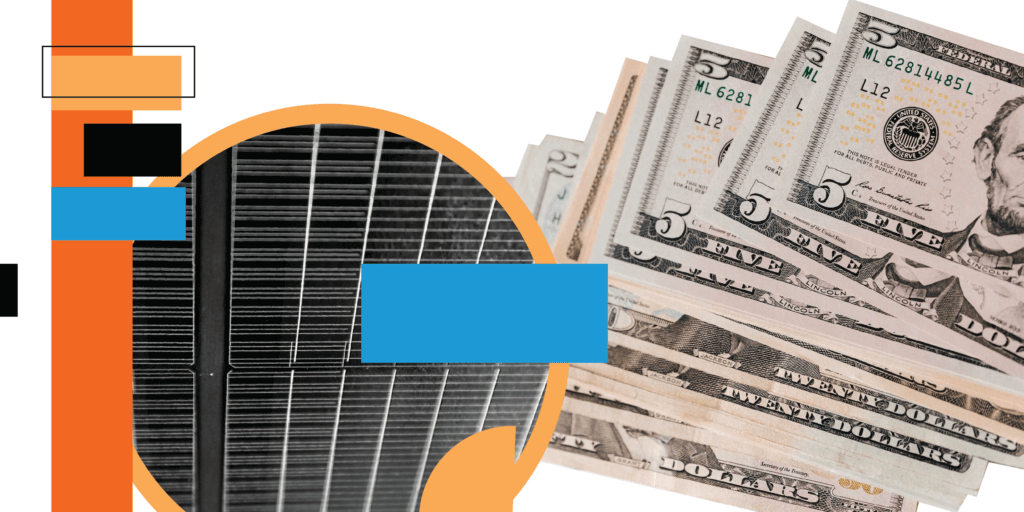 Bright colored shapes highlighting a solar panel and a fan of five dollar bills layered on top of each other