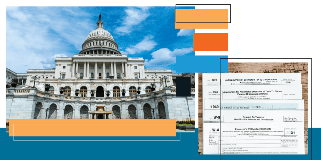 The US state capital building, surrounded by bright colored shapes and federal forms stacked