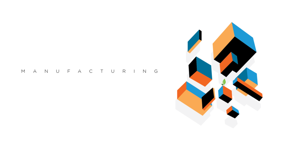 Modern, three-dimensional cubes in black, orange, yellow, and blue with headline "Manufacturing" on the left