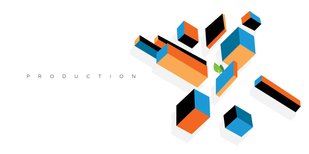 Modern, three-dimensional cubes in black, orange, yellow, and blue with headline "Production" on the left