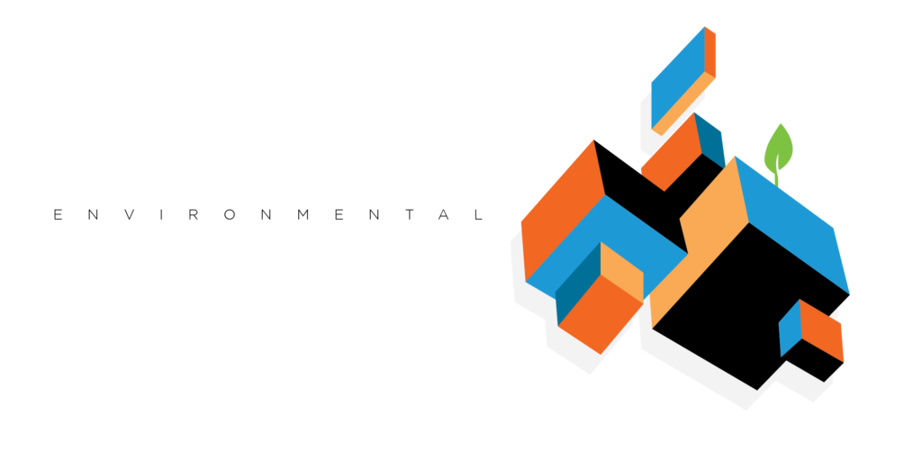 Modern, three-dimensional cubes in black, orange, yellow, and blue with headline "Environmental" on the left