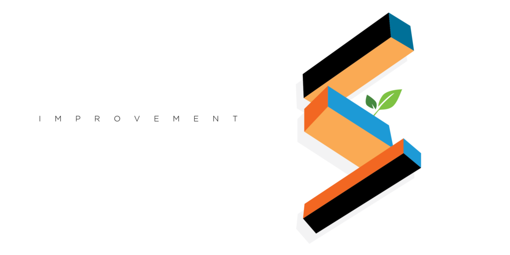 Modern, three-dimensional cubes in black, orange, yellow, and blue with headline "Improvement" on the left