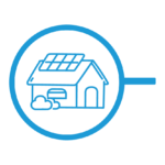 Blue thin-line circle icon with house with solar panels on roof inside