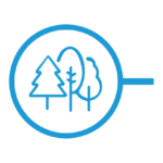 Blue thin-line circle icon with three types of trees inside