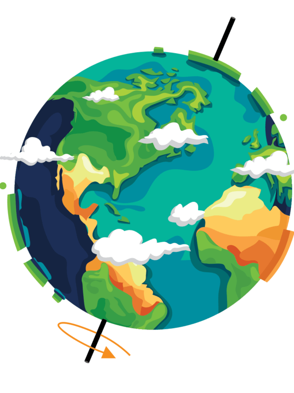 Graphic illustration of the Earth with clouds, water, and continents with the axis rotating