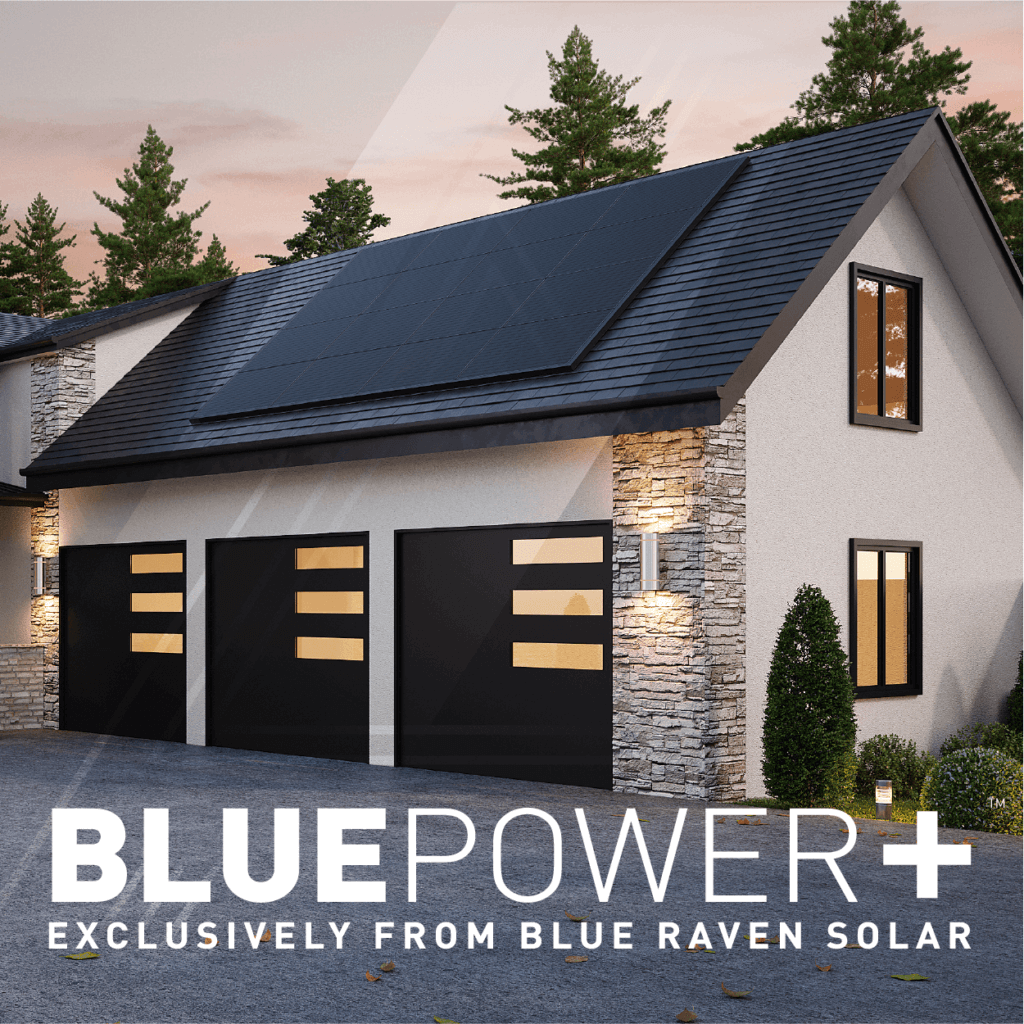 'BluePower Plus+ Exclusively from Blue Raven Solar' overlaid on house rending with large solar panel installation
