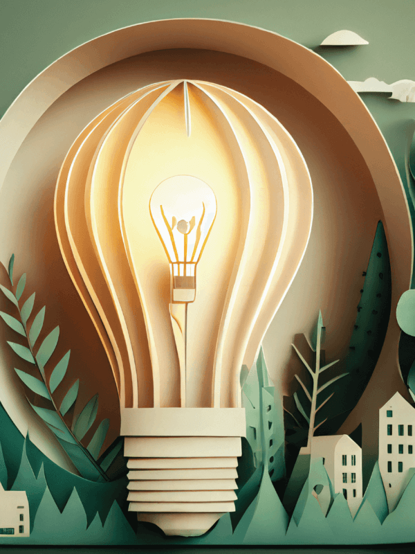 Lightbulb made out of paper, surrounded by small city buildings, trees, and clouds