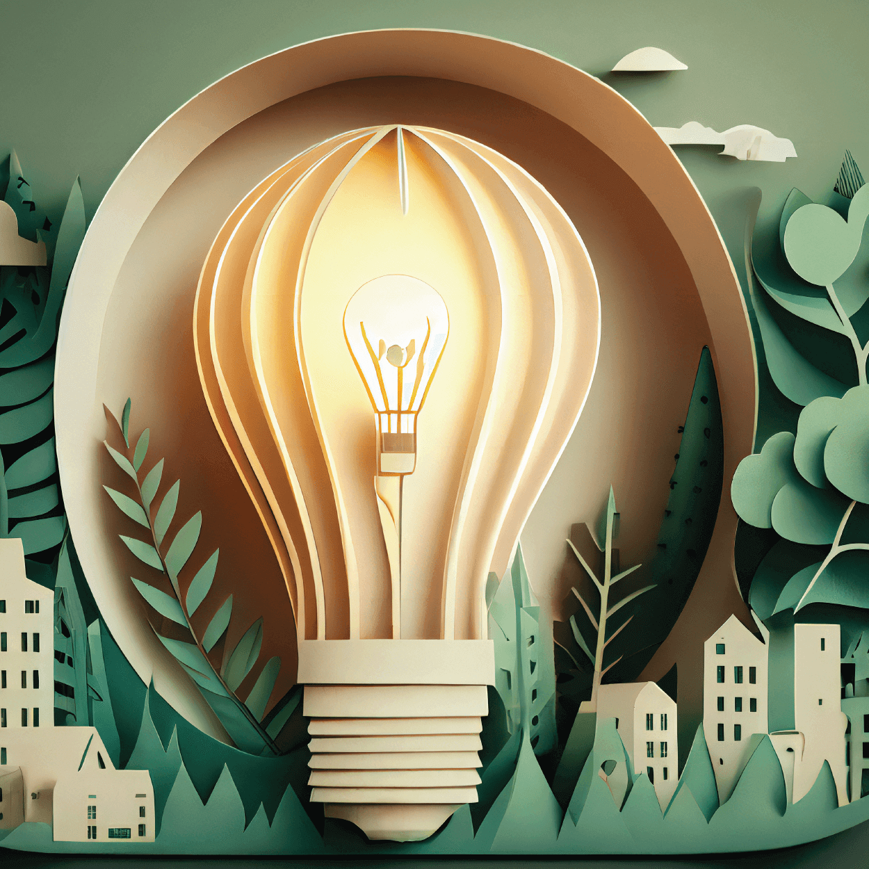 Lightbulb made out of paper, surrounded by small city buildings, trees, and clouds