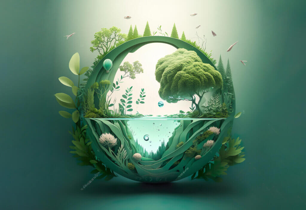 Ecosystem illustration featuring water, trees, plants, in shades of blue green
