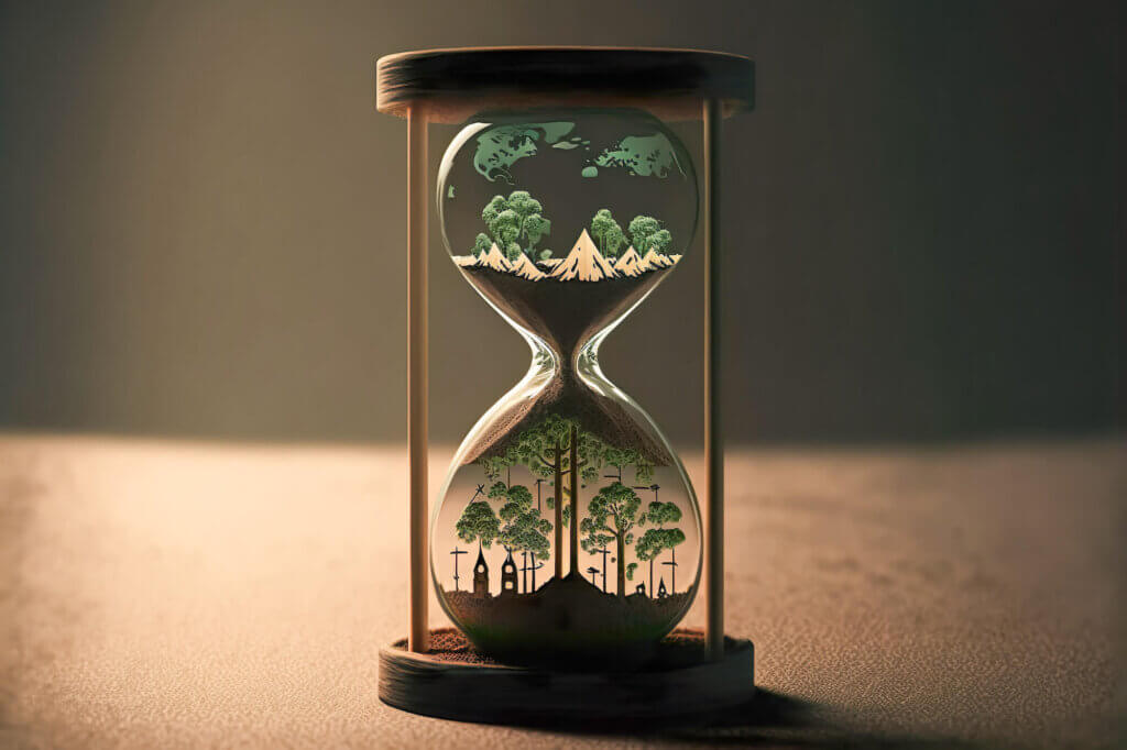 Hourglass with sand showcasing two different ecosystems, one on top being mountains and clouds and the bottom including trees