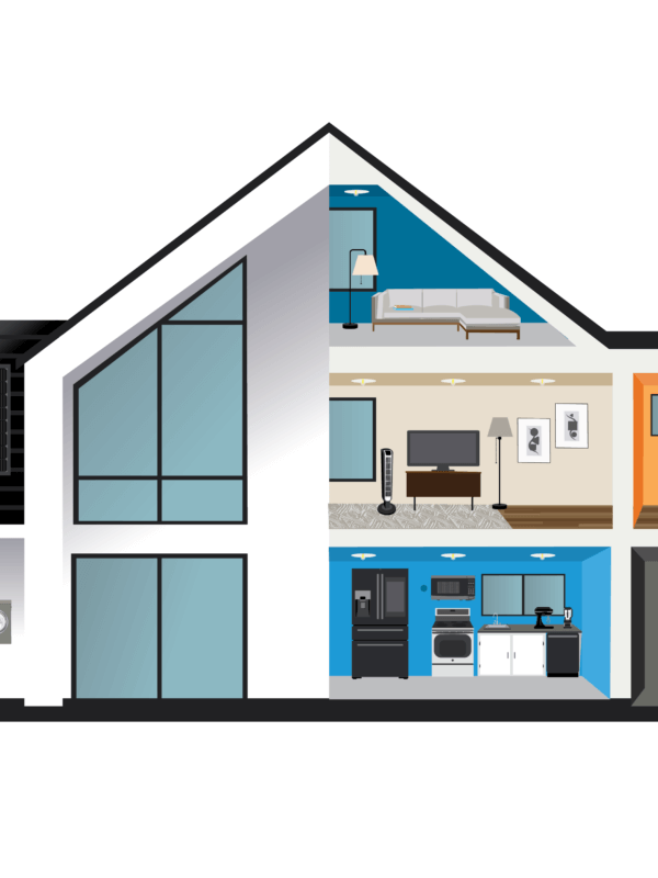 Illustration of the inside of a house with common household appliances per room