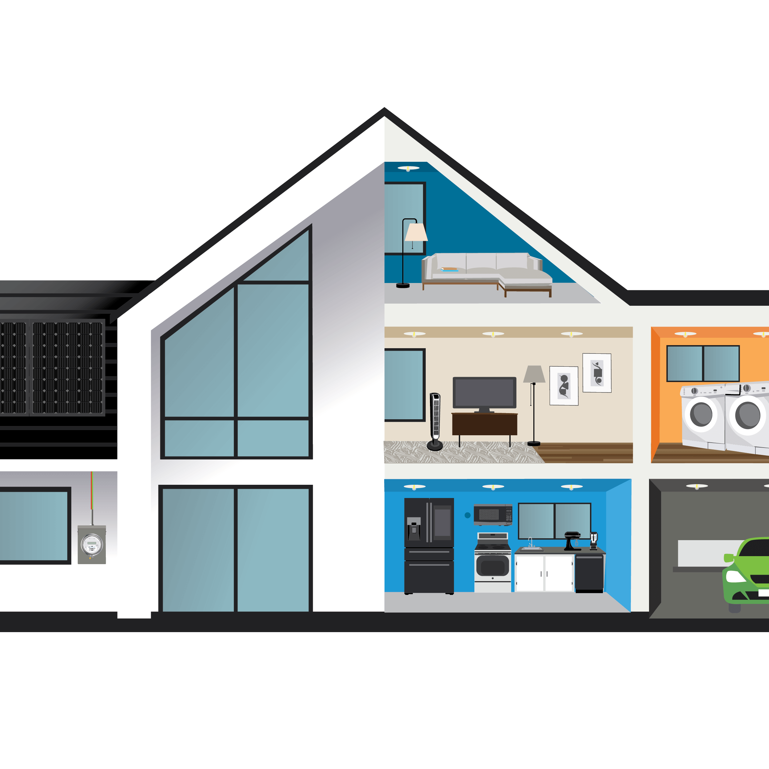 Illustration of the inside of a house with common household appliances per room