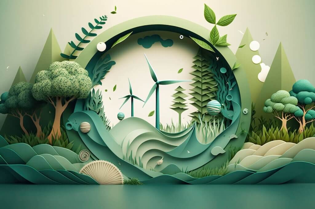 Paper illustration of natural elements including water, wind, and earth