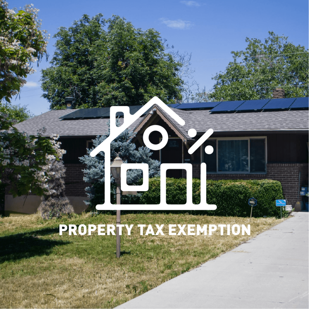 'Property Tax Exemption' text and house icon overlaid on Blue Raven Solar custom panel installation