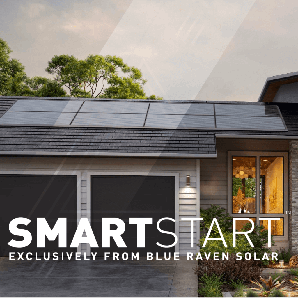 SmartStart Exclusively from Blue Raven Solar logo overlaid on house rendering with solar panels