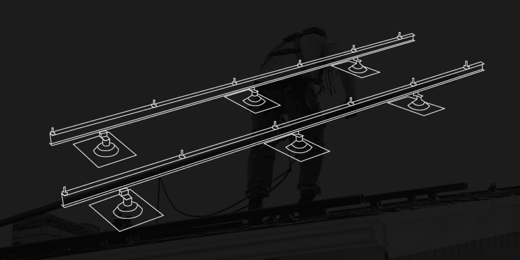 Line drawing of solar panel racking system overlaid on blackout image of an installer on a roof