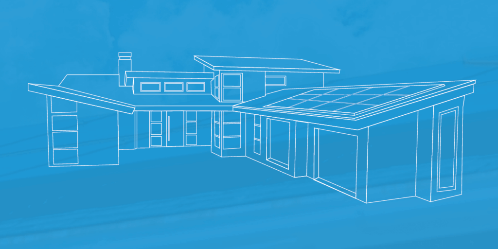 A line drawing of a single level house with a large solar panel system installed overlaid on a blue background image