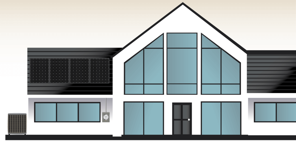 Graphic illustration of a white, modern house with large windows and solar panels installed on the roof