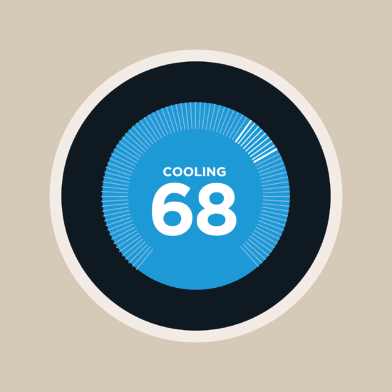 Smart thermostat illustration with "Cooling 68" presented on the front