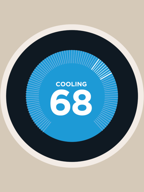 Smart thermostat illustration with "Cooling 68" presented on the front