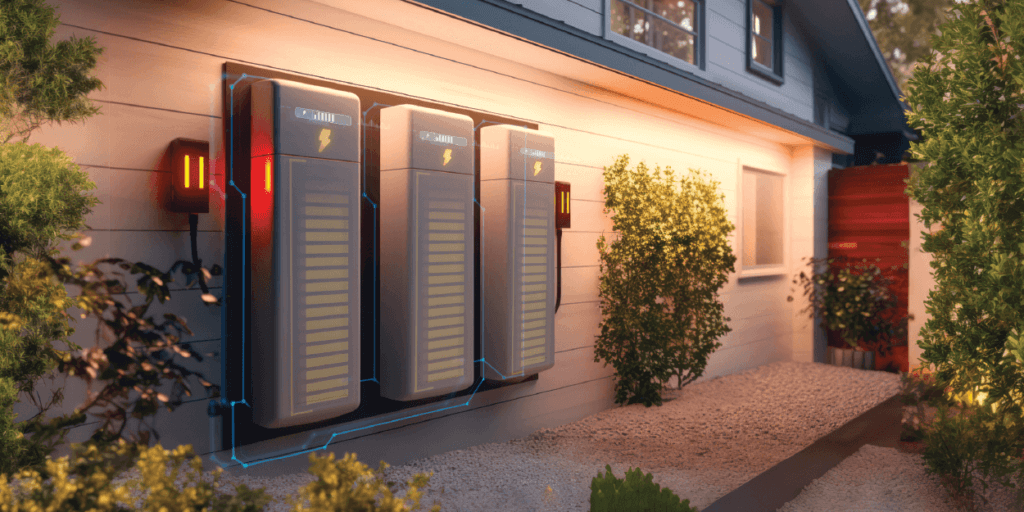 Three household batteries connected to electrical boxes illustrating flow of electricity rendering