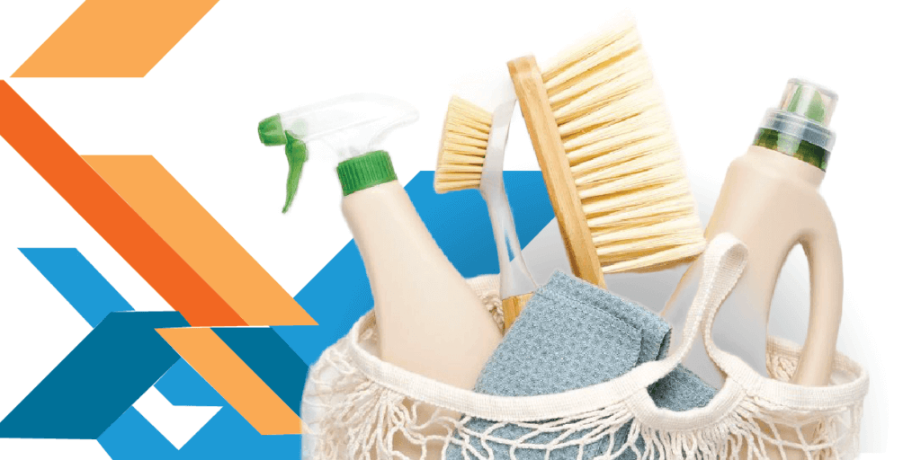 Household cleaning supplies in a crochet bag with geometric shapes in the background