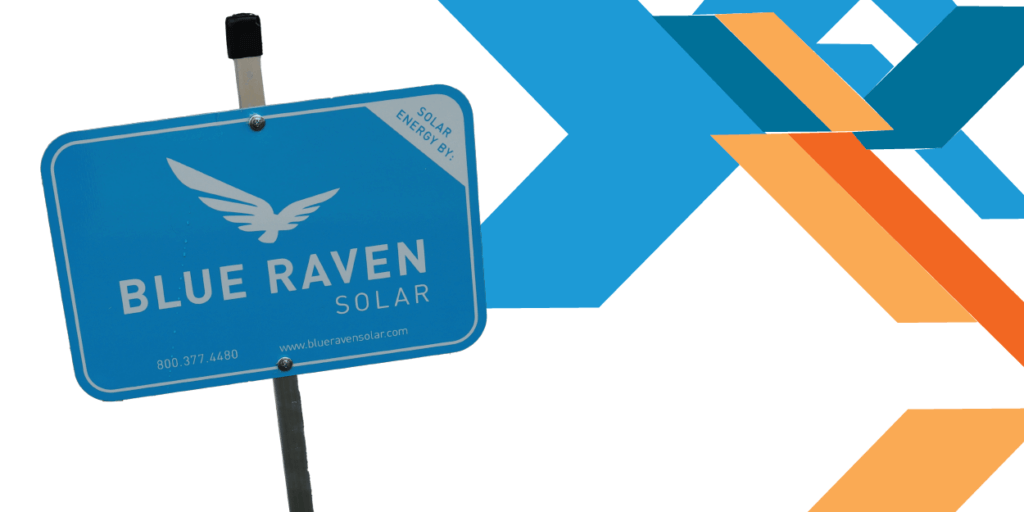 Blue Raven Solar lawn sign with geometric shapes in the background