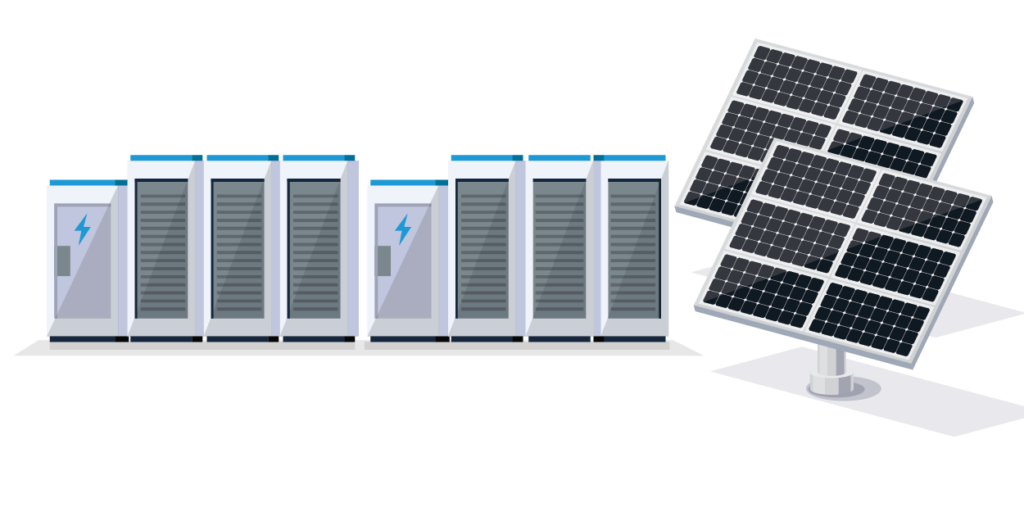Off-grid solar panels, next to battery storage solutions illustration