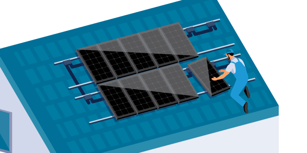 Understanding Solar Panel Warranties in 2023-04 Illustration of a solar panel installer placing panels on racking system, secured to roof