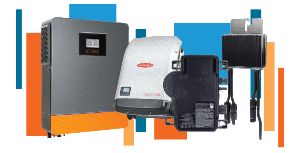 Different types of inverters with various sizes of blue and orange rectangle shapes in the background