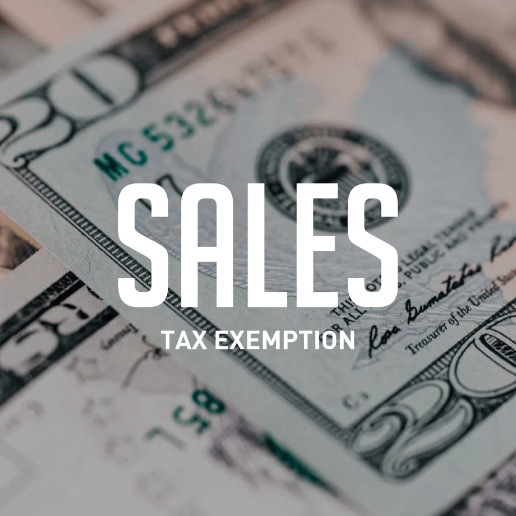 'Sales Tax Exemption' text overlaid on scattered US twenty-dollar bills